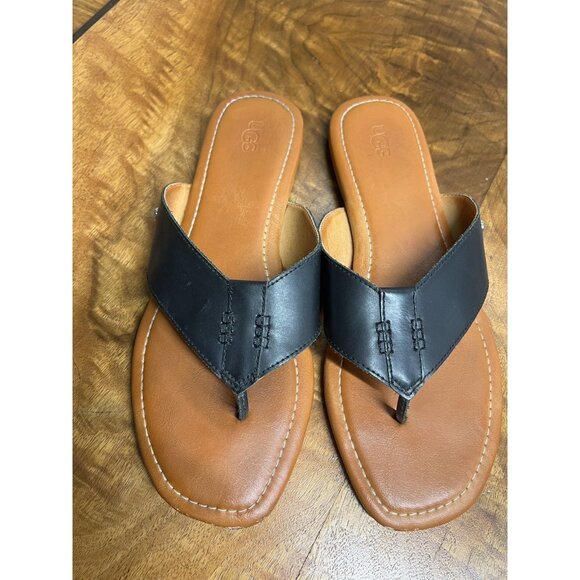 UGG Shoes - UGG Carey Flip Flop Size 11 Women's Black and Tan Leather Flat Sandals Summer